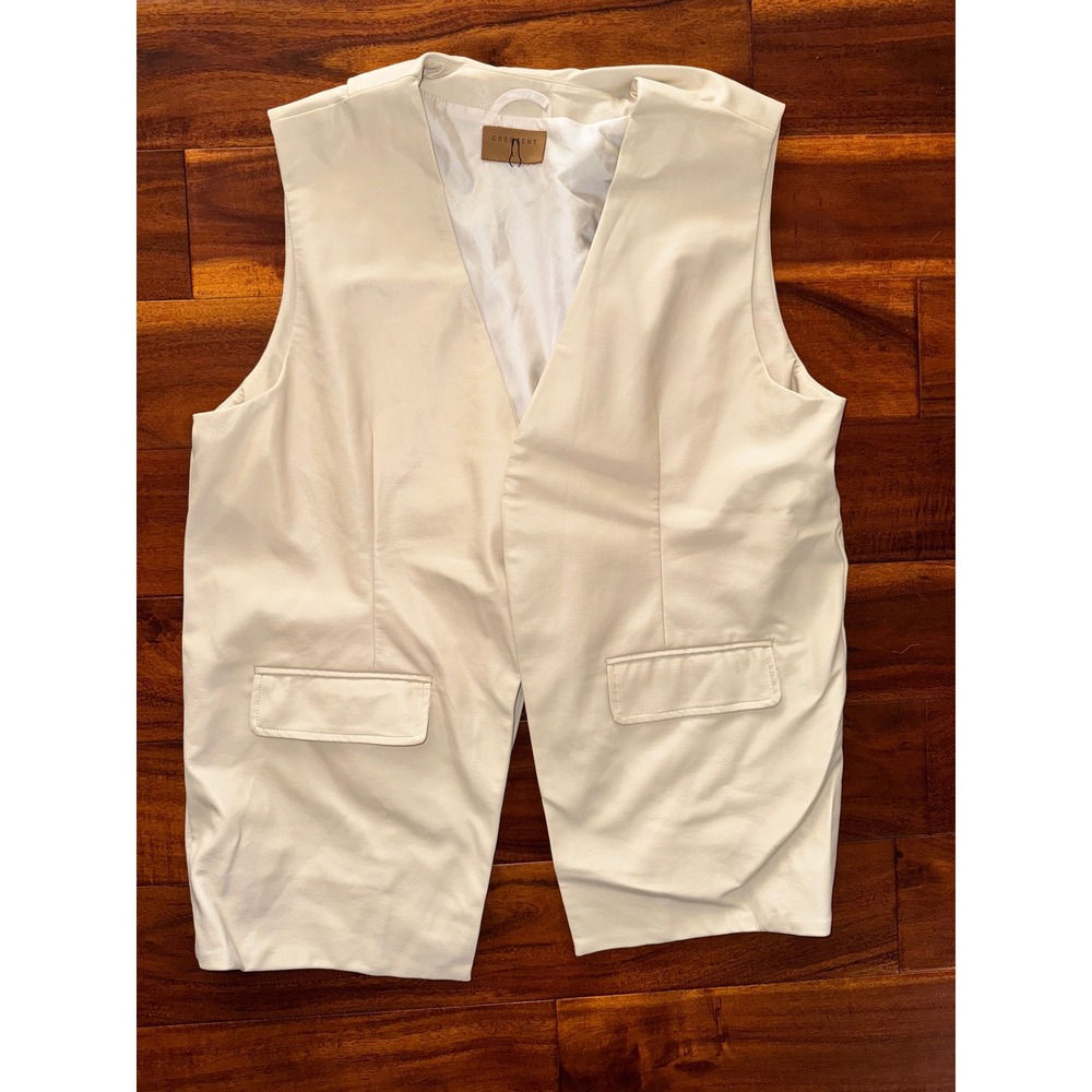 CRESCENT Faux Leather Cream Vest Womens Size L Open Front Pockets